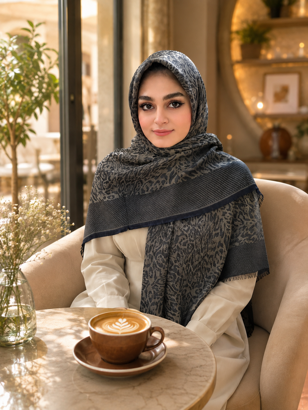روسری نخ ابریشم ژاکارد لمه قواره۱۴۰طرح پلنگی